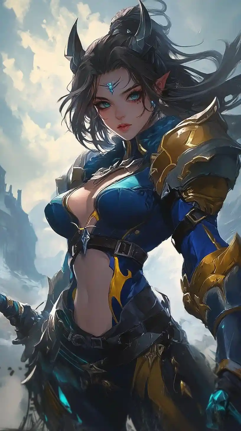 Close up anime warrior woman with tattoos and scars