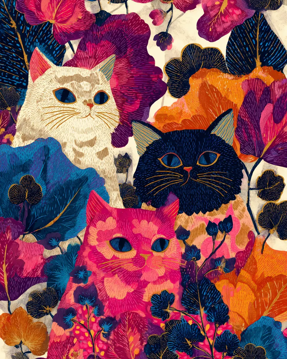 Colorful woodblock cats with floral patterns and leaves