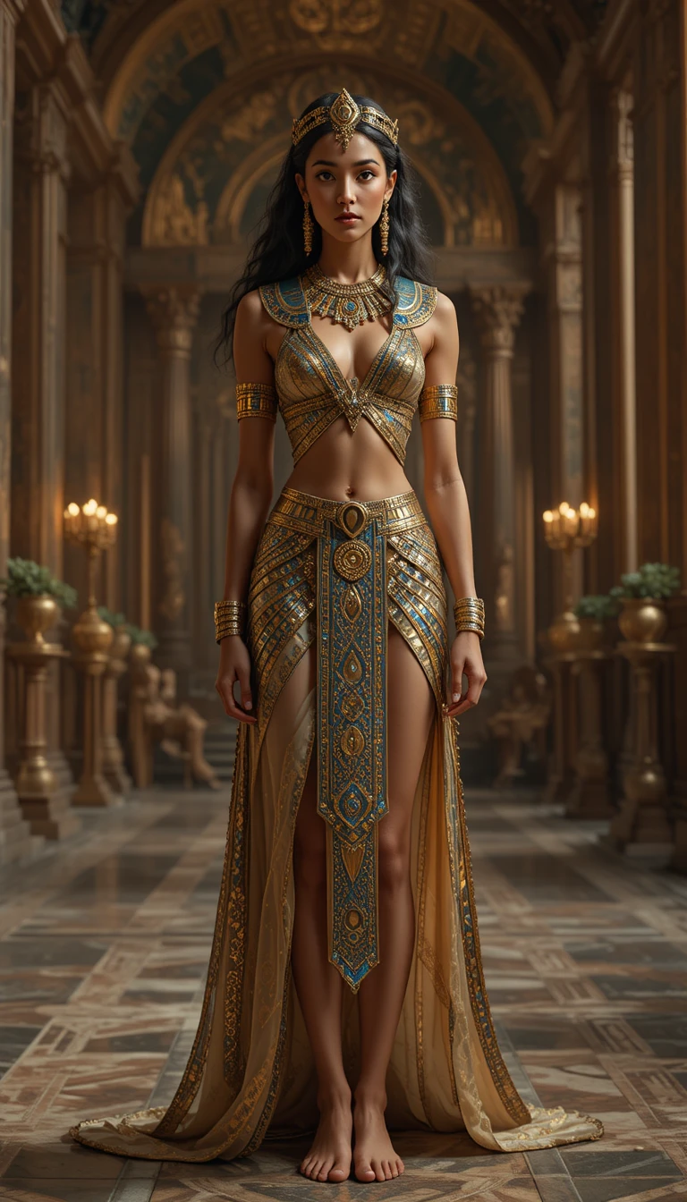 Young egyptian queen in ornate palace full body view