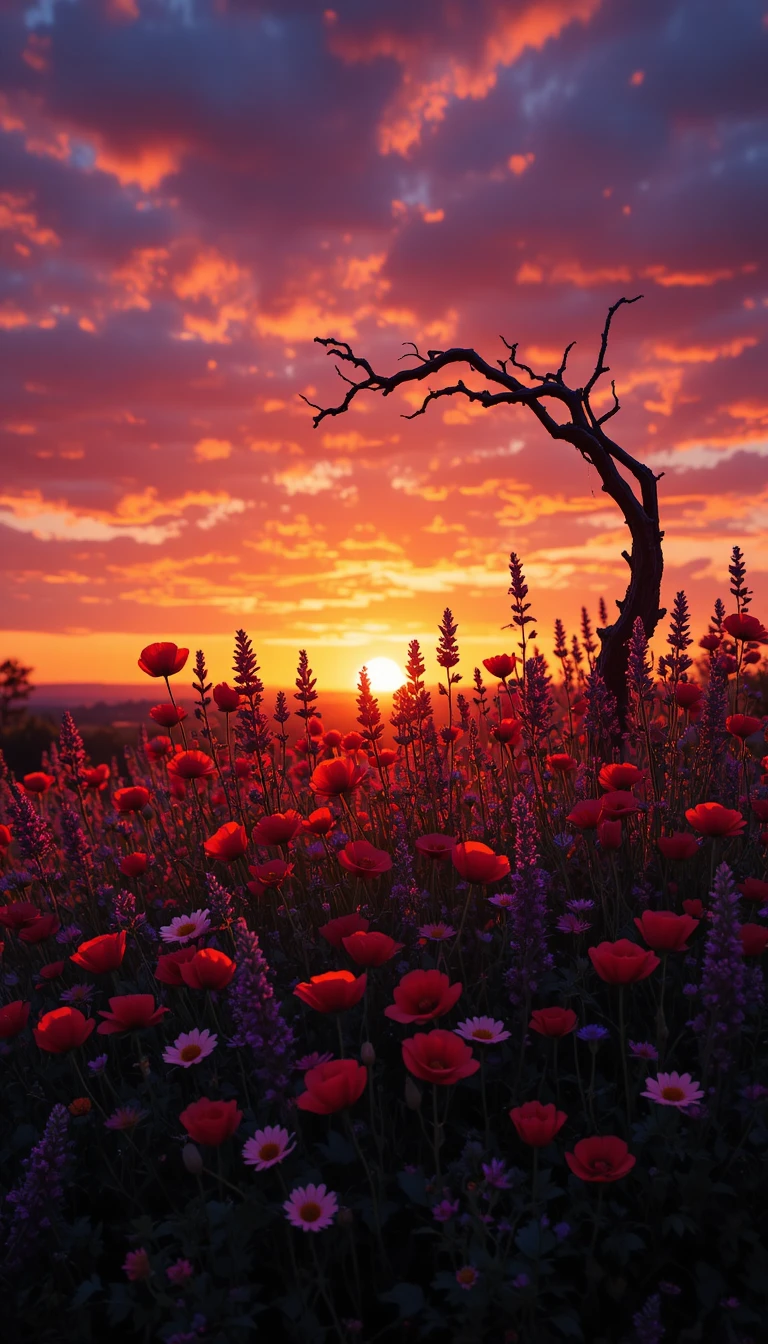 Silhouetted wildflowers against a glowing sunset sky