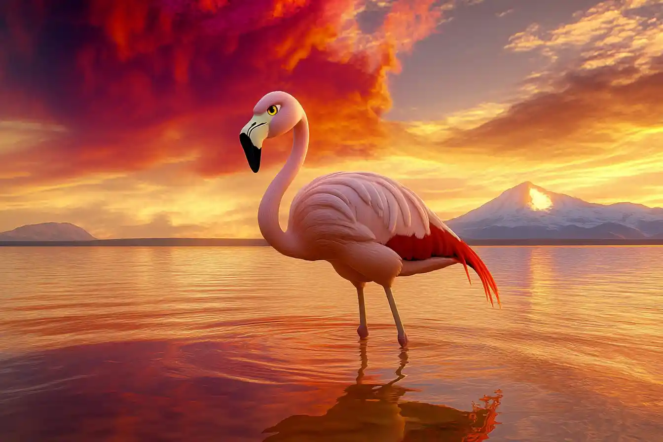 Flamingo In Reflective Andean Lake At Vivid Sunset