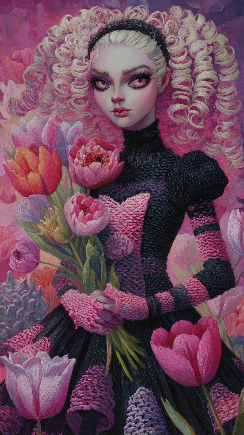 Melancholische surreale Frau im dunkelpastellfarbenen Tulpenkleid