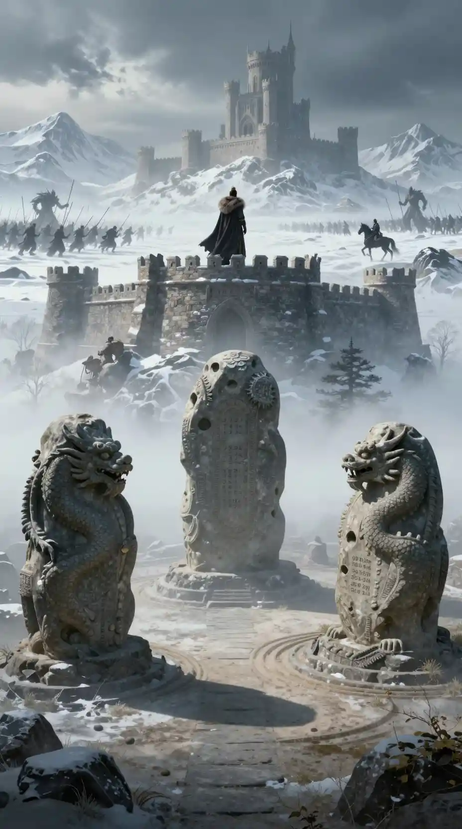 Medieval Stone Fortress Above Snowy Mountains And Tundra