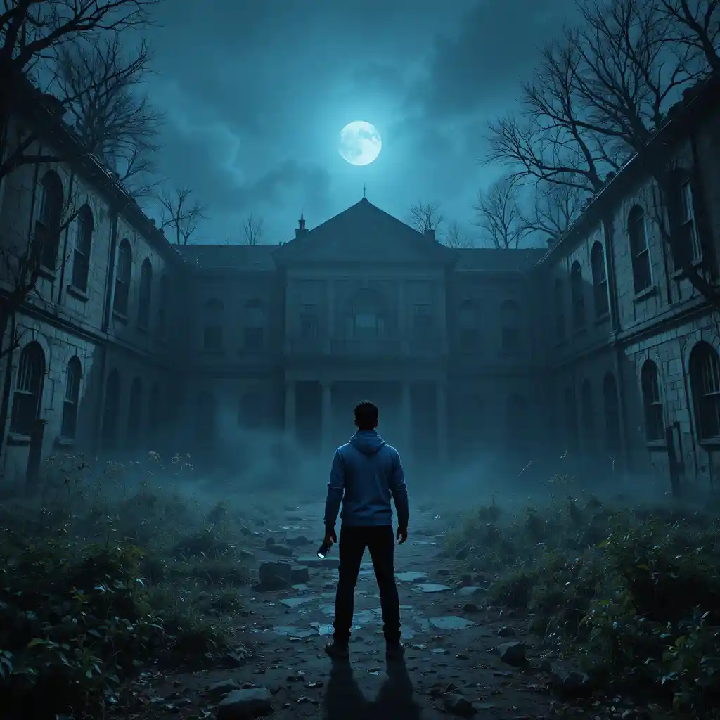 Man with flashlight at abandoned village school at night