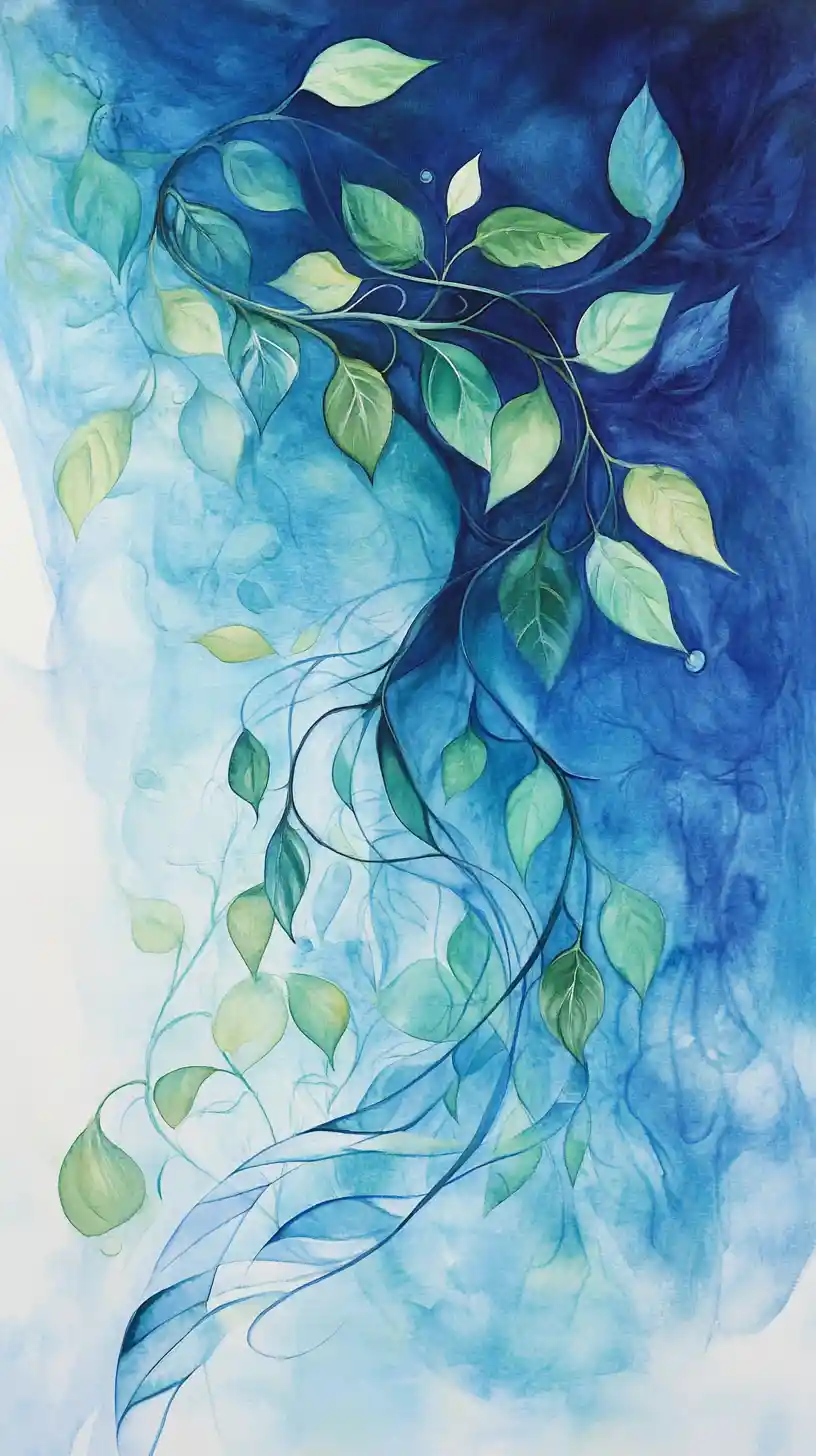 Abstract watercolor vine with blue and green leaves