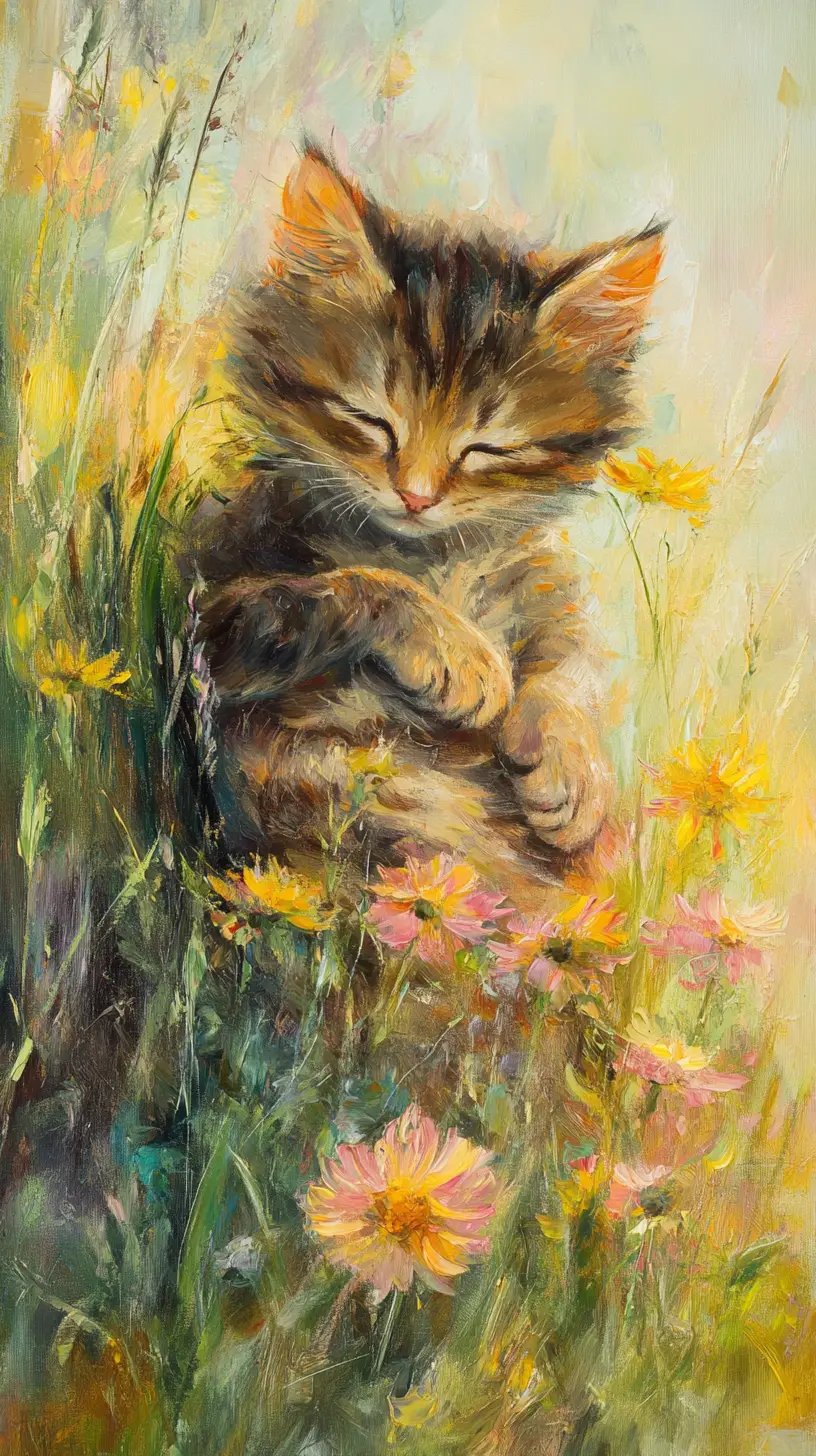Tender kitten and mother cat in a spring meadow painting