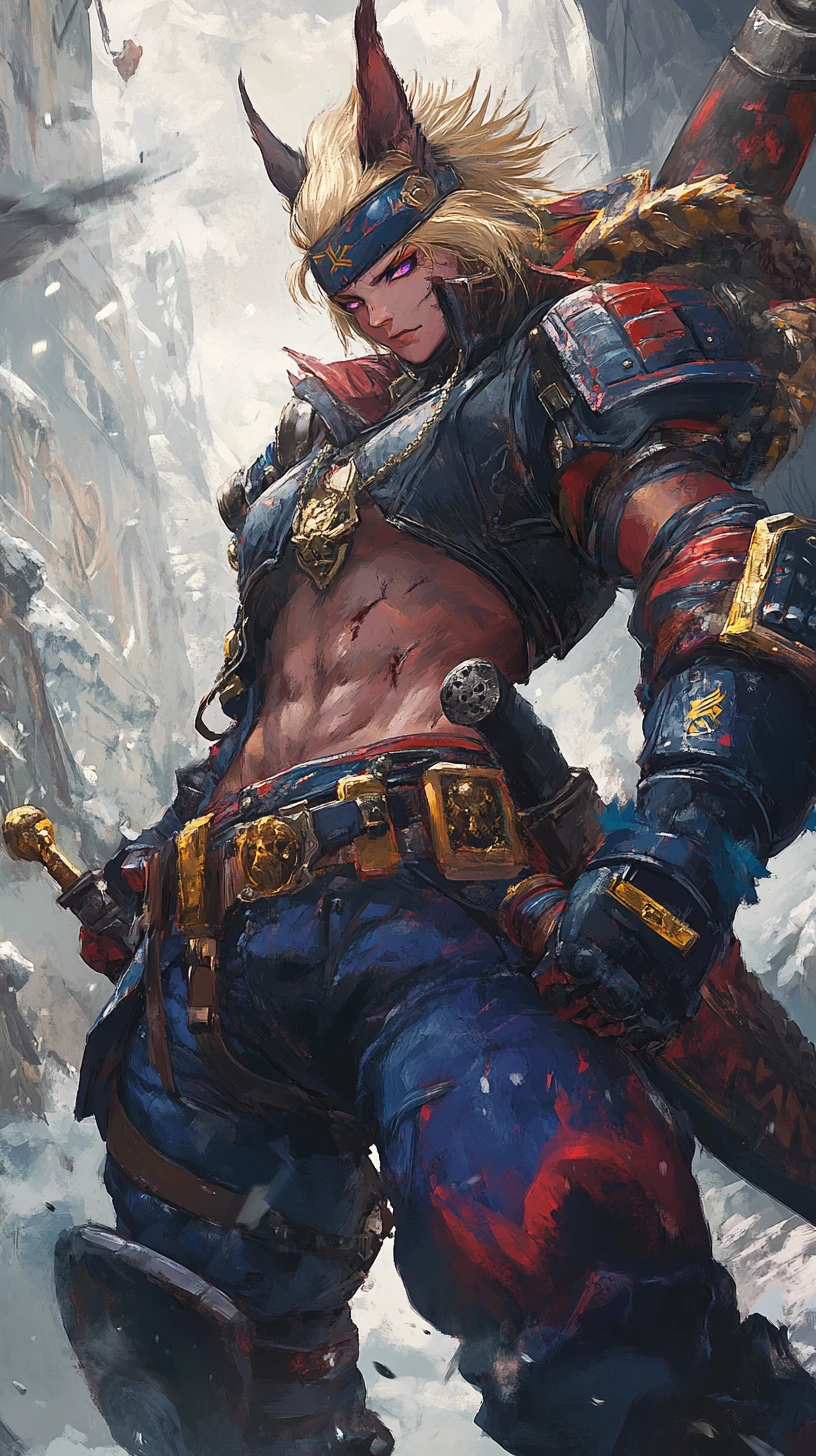 Close up of tattooed anime warrior woman in blue armor