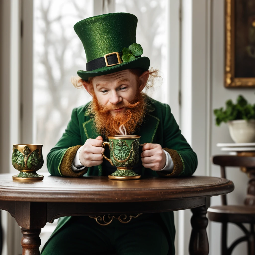 Pequeño leprechaun bebiendo café caliente en una mesa ornamentada
