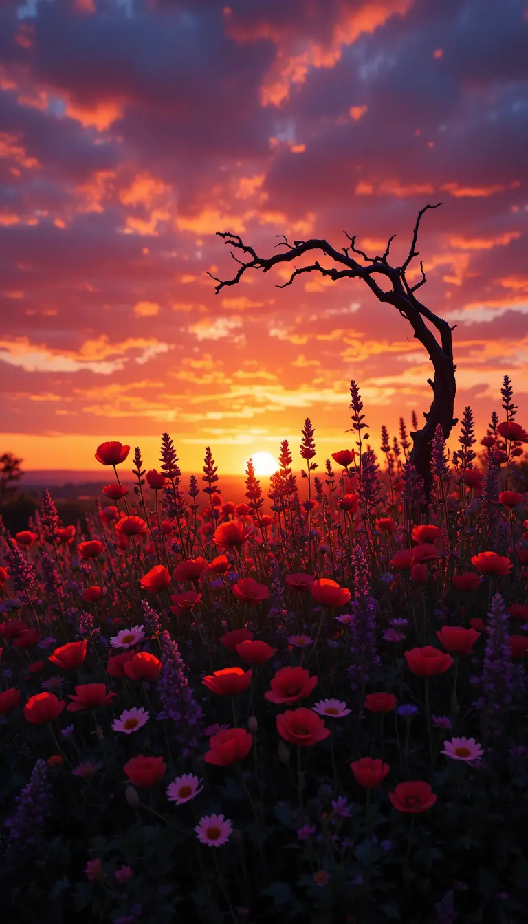 夕焼け空に浮かぶ野の花のシルエット
