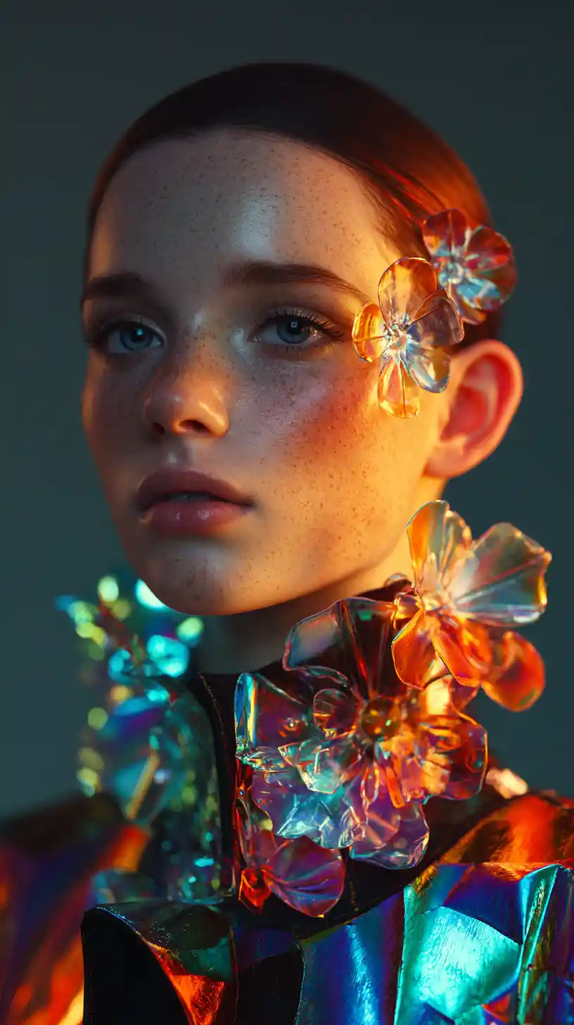 Futuristic fashion portrait of a woman with luminous skin