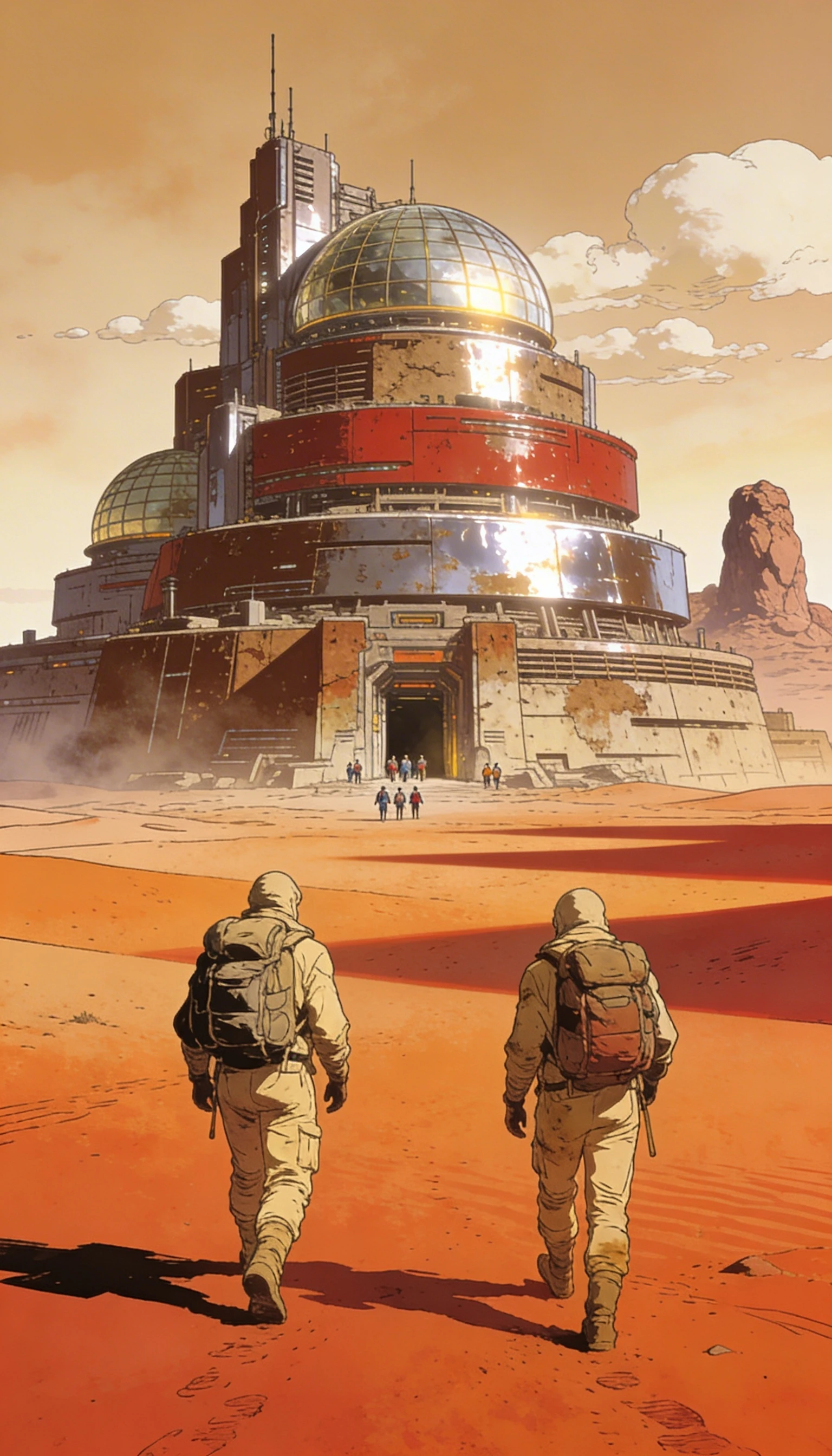 Travelers crossing a red desert toward a towering sci fi city