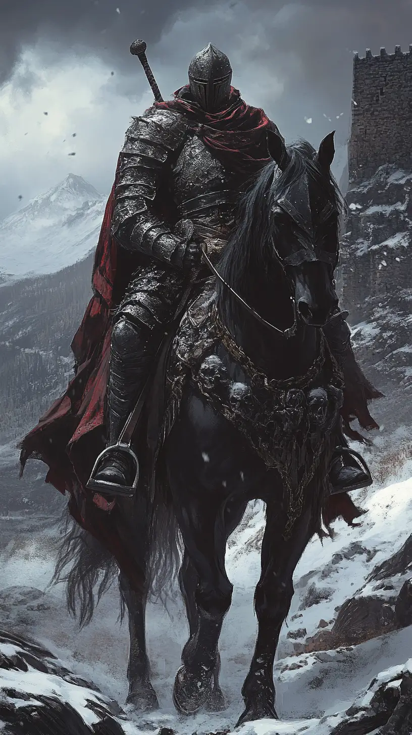 Dark armored knight on black horse before medieval fortress