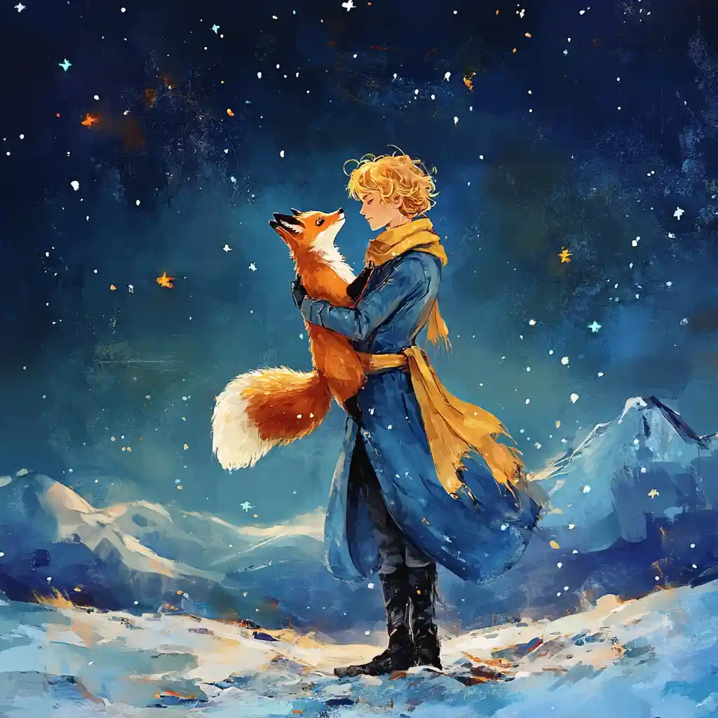Young man in blue coat embracing a red fox
