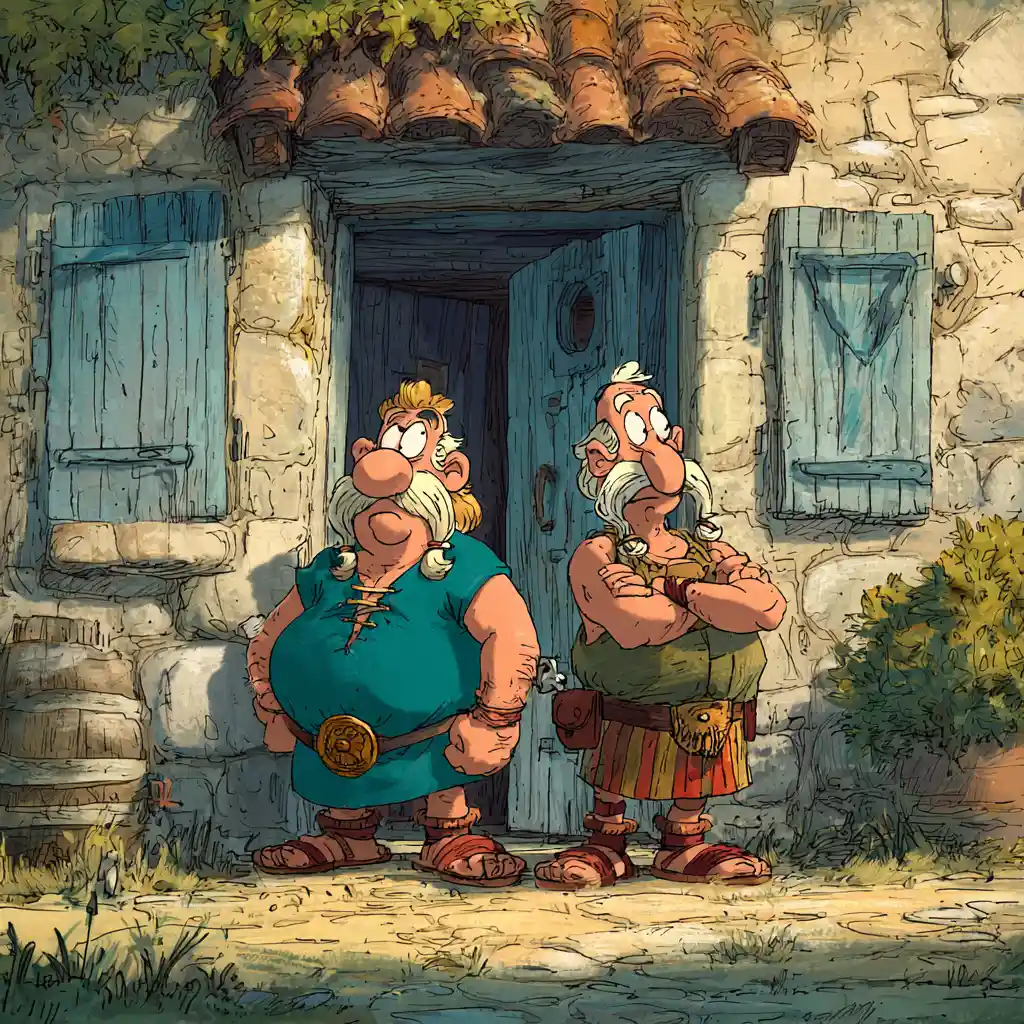 Cartoon heroes standing in front of a village house