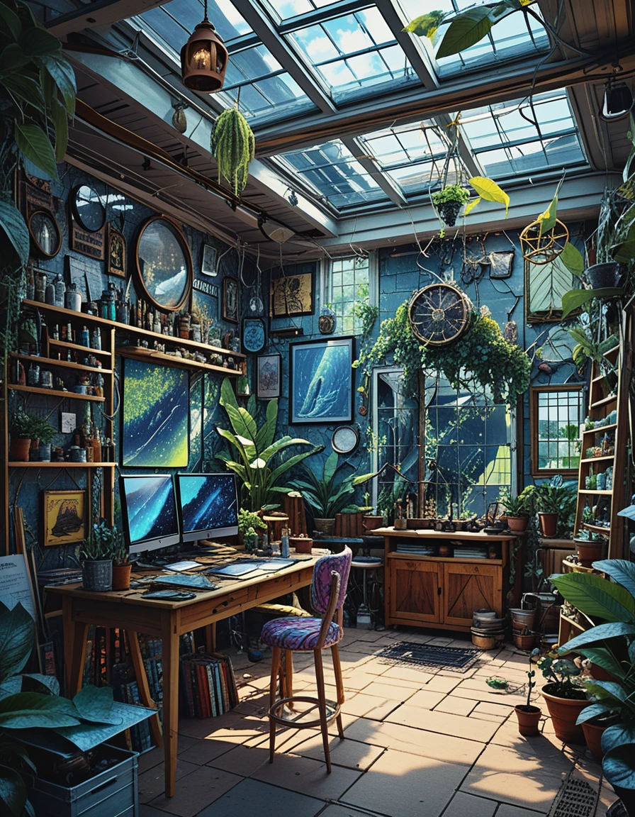 Moody loft artist studio with solarium and central canvas