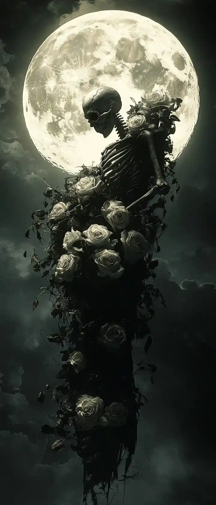 Grim reaper wrapped in roses under a glowing full moon