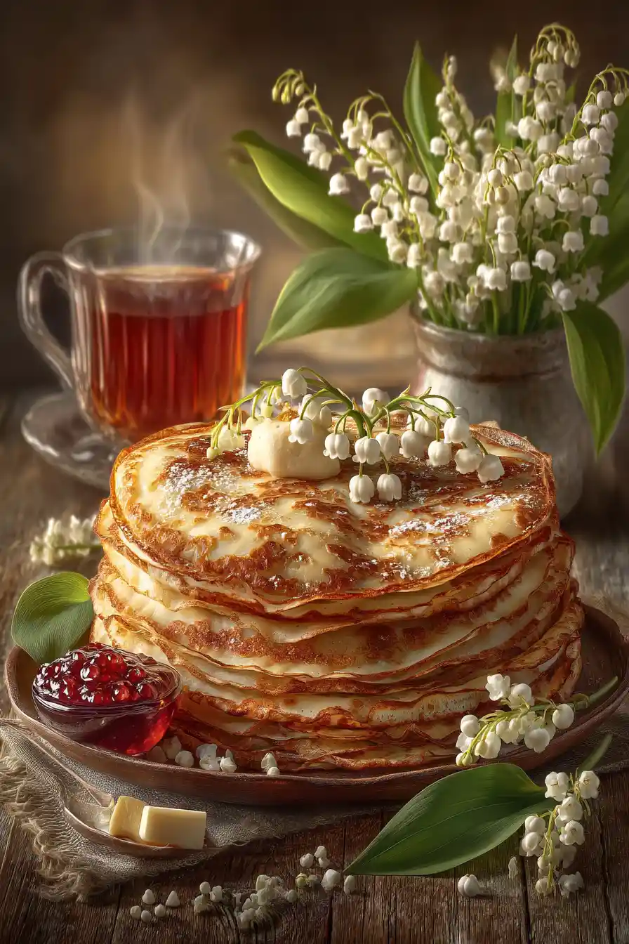 Torre rustica di crêpe con confettura al tè e creme da colazione