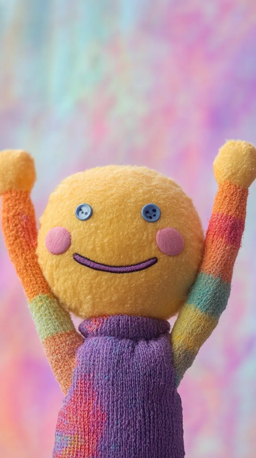 Cute plush hand puppet on bright pastel background