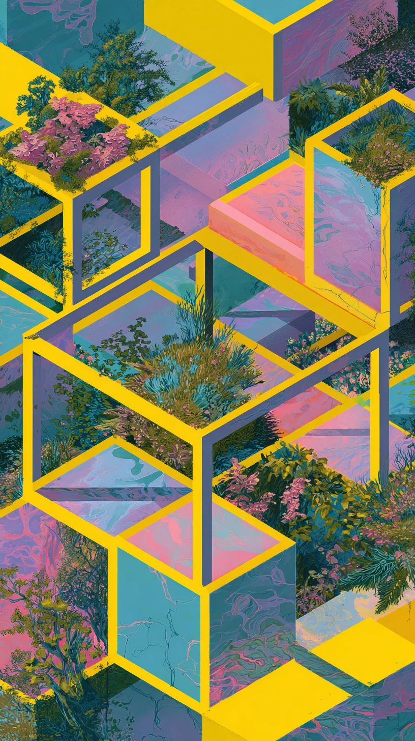 Abstrato geométrico octogonal com cores em tom pastel e linhas neon