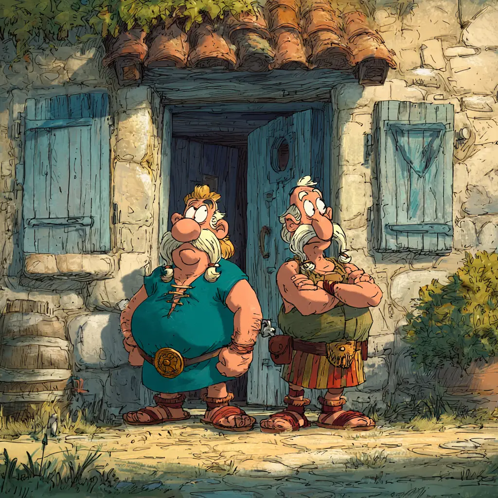 Cartoon heroes standing in front of a village house