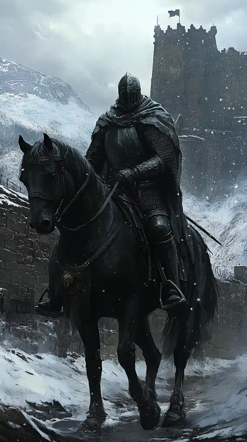 Dark Armored Knight Riding Through Medieval Fortress Mountains