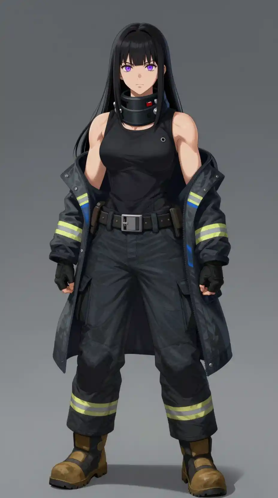 Athletic anime woman in firefighter uniform with purple eyes