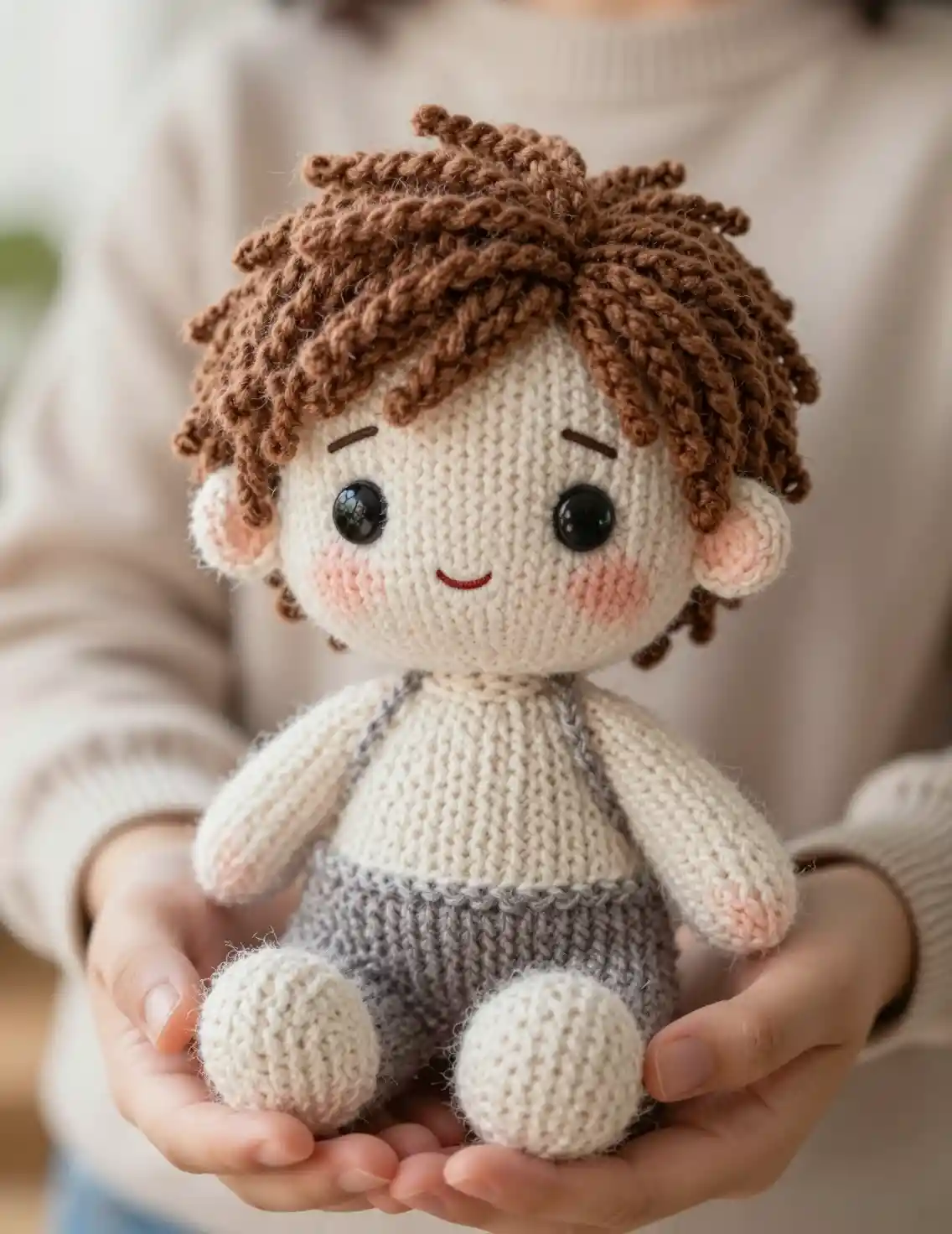Close up plush yarn doll held gently in human hands