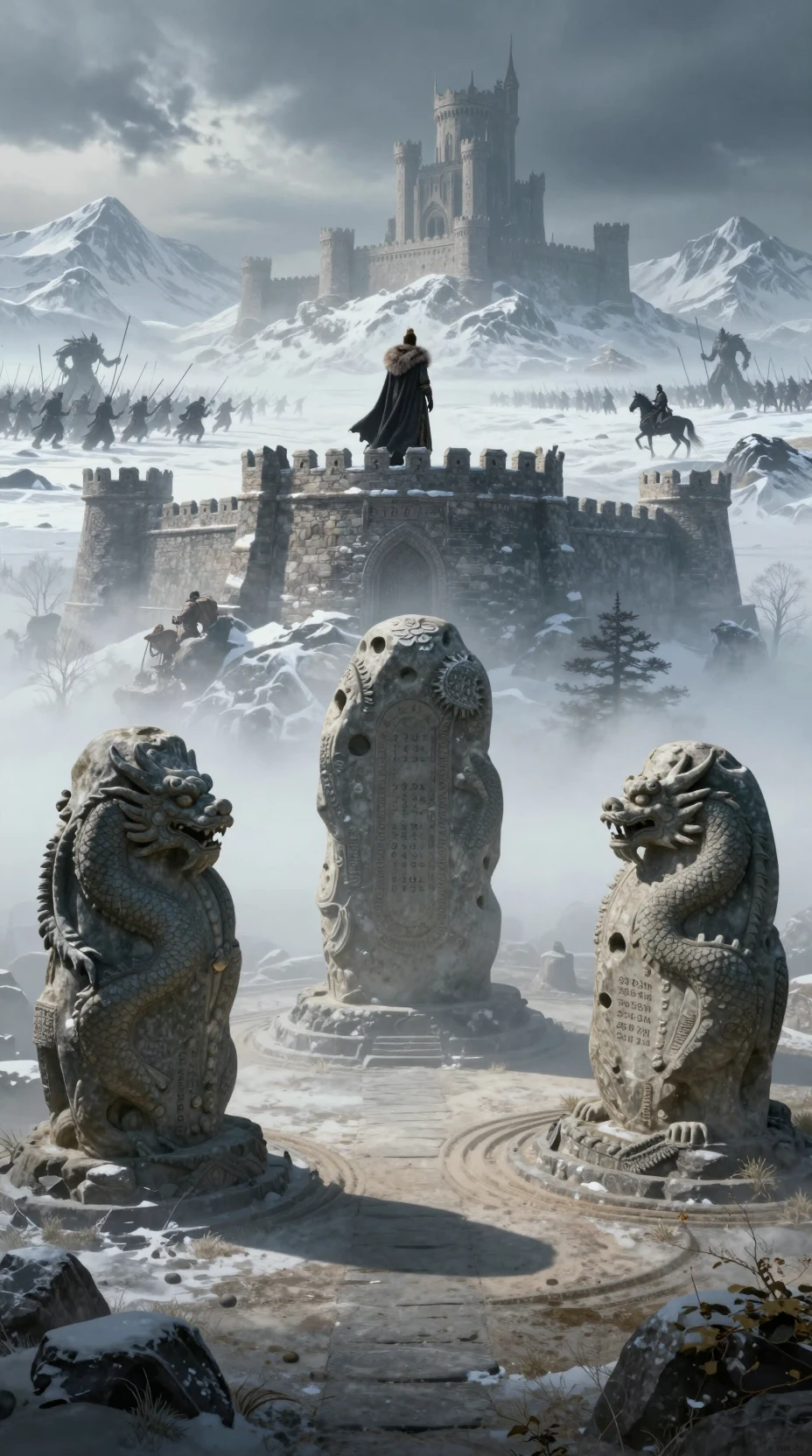 Medieval Stone Fortress Above Snowy Mountains And Tundra