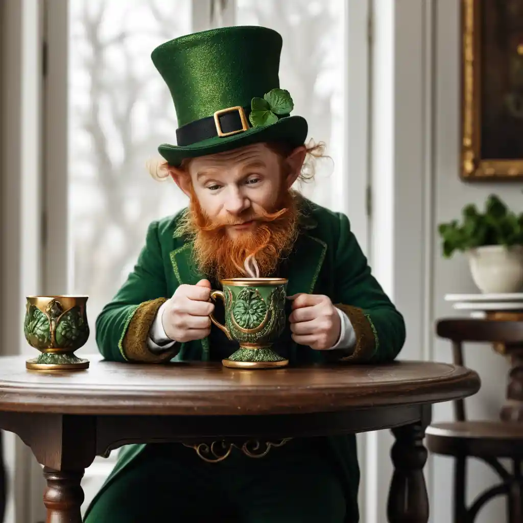Pequeño leprechaun bebiendo café caliente en una mesa ornamentada