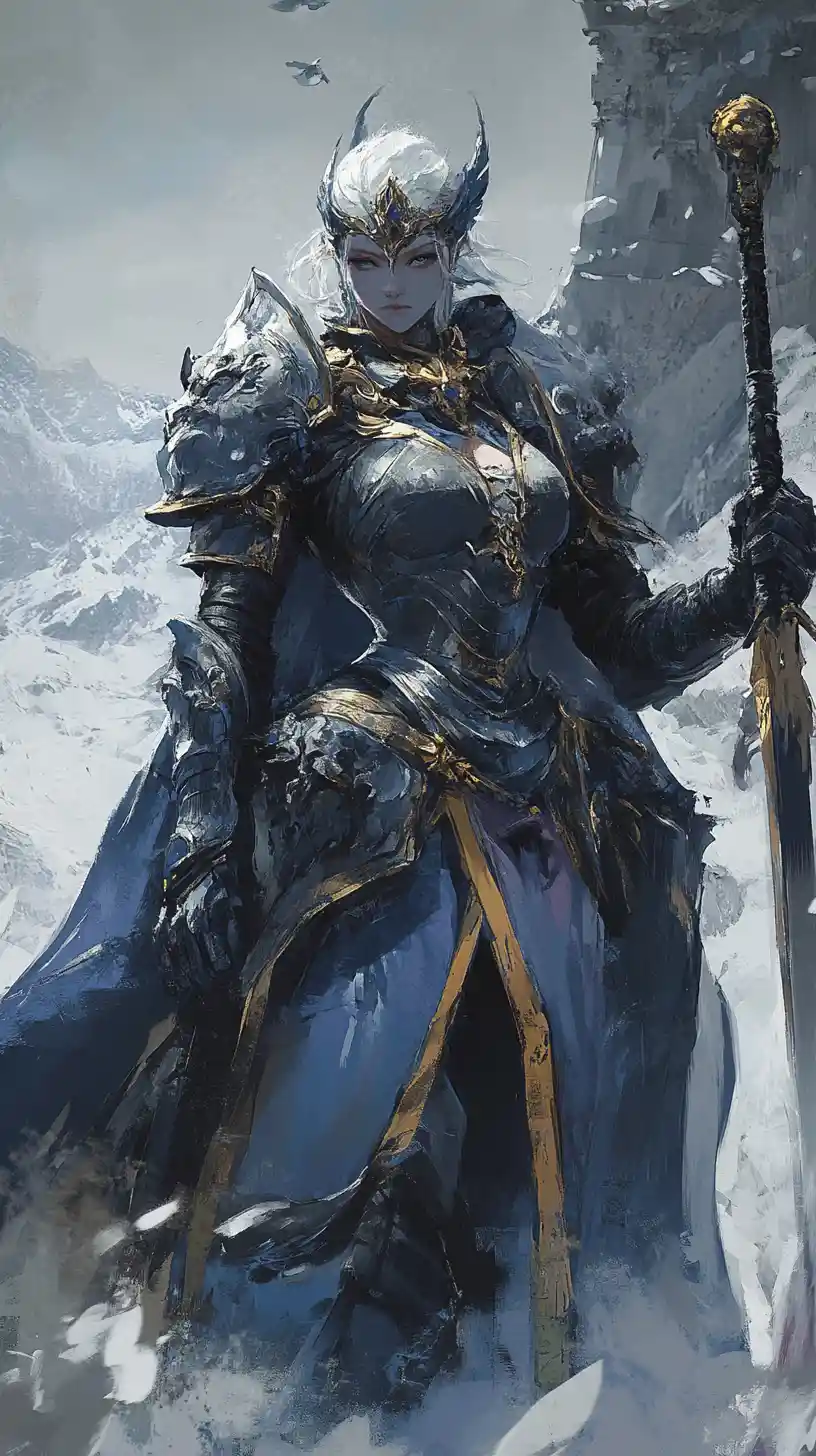 Close up of tattooed anime warrior woman in blue armor