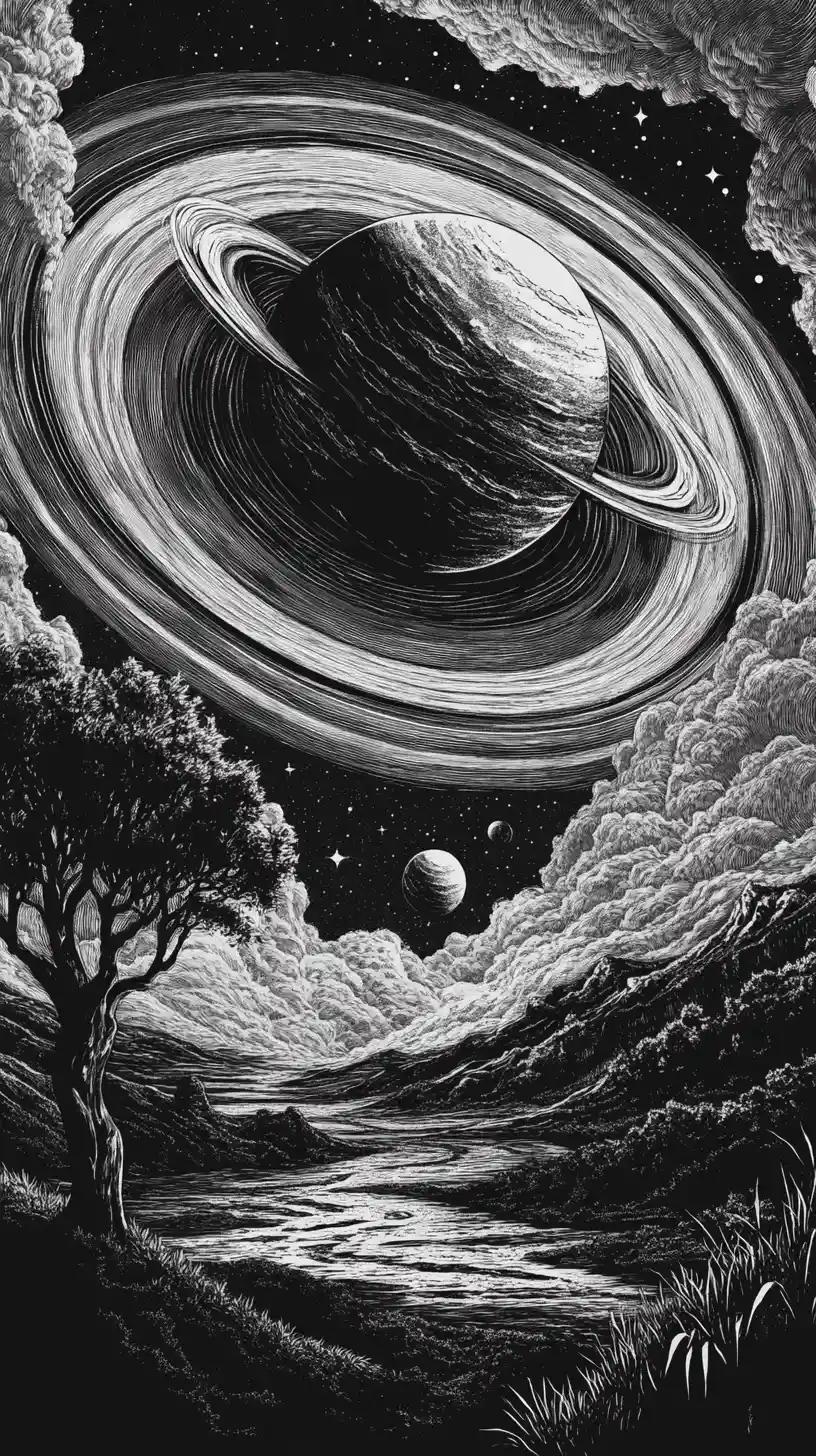 Surreal Woodcut Planetary Landscape With Ringed Worlds