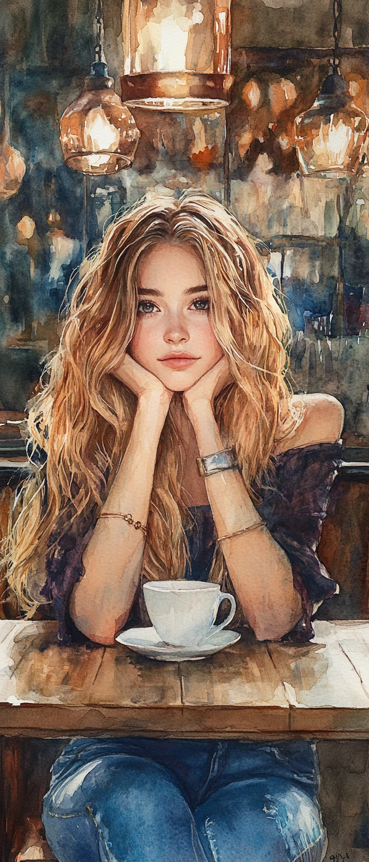 Ritratto ad acquerello di una ragazza bionda malinconica in un caffè