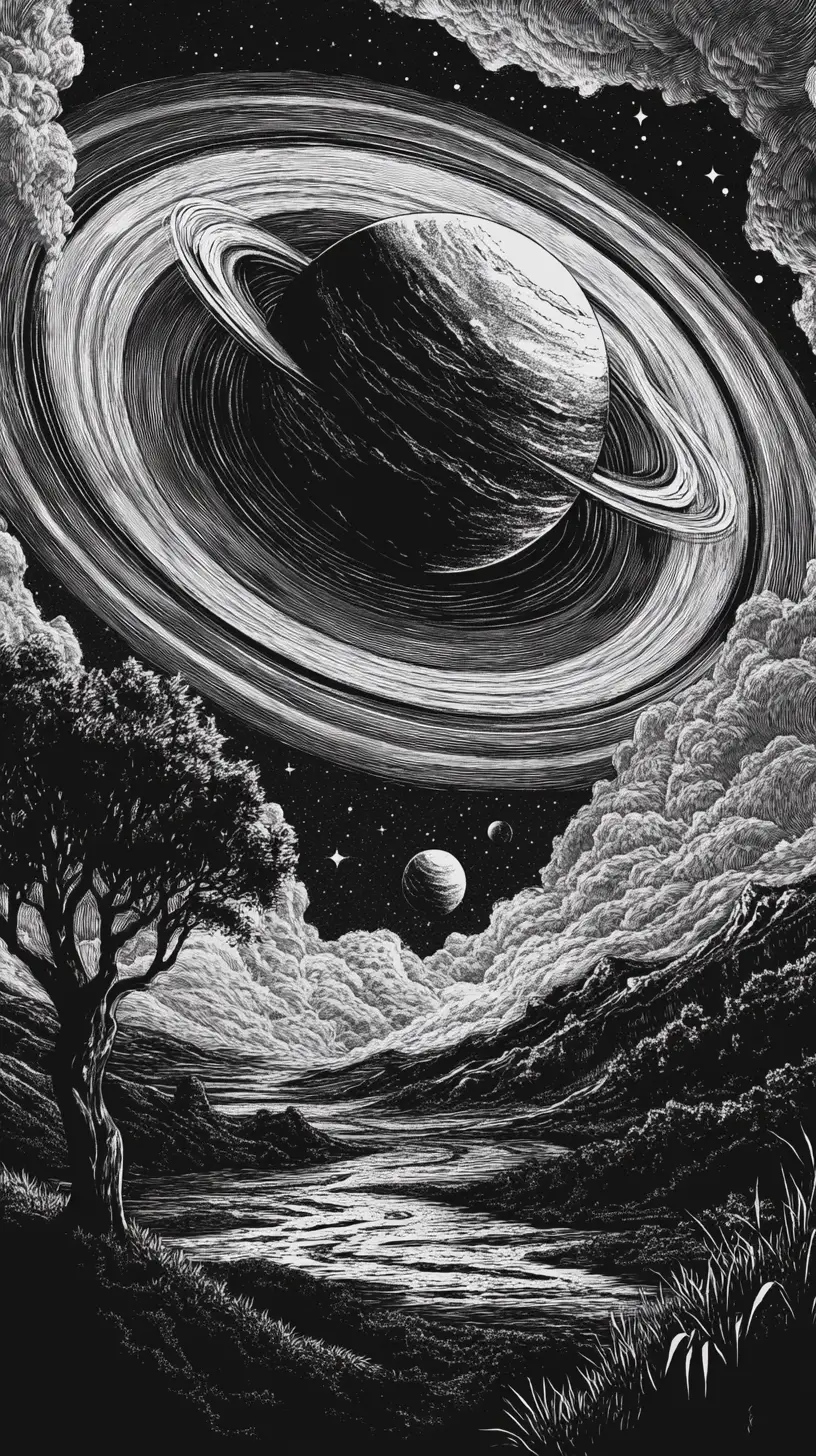 Surreal Woodcut Planetary Landscape With Ringed Worlds