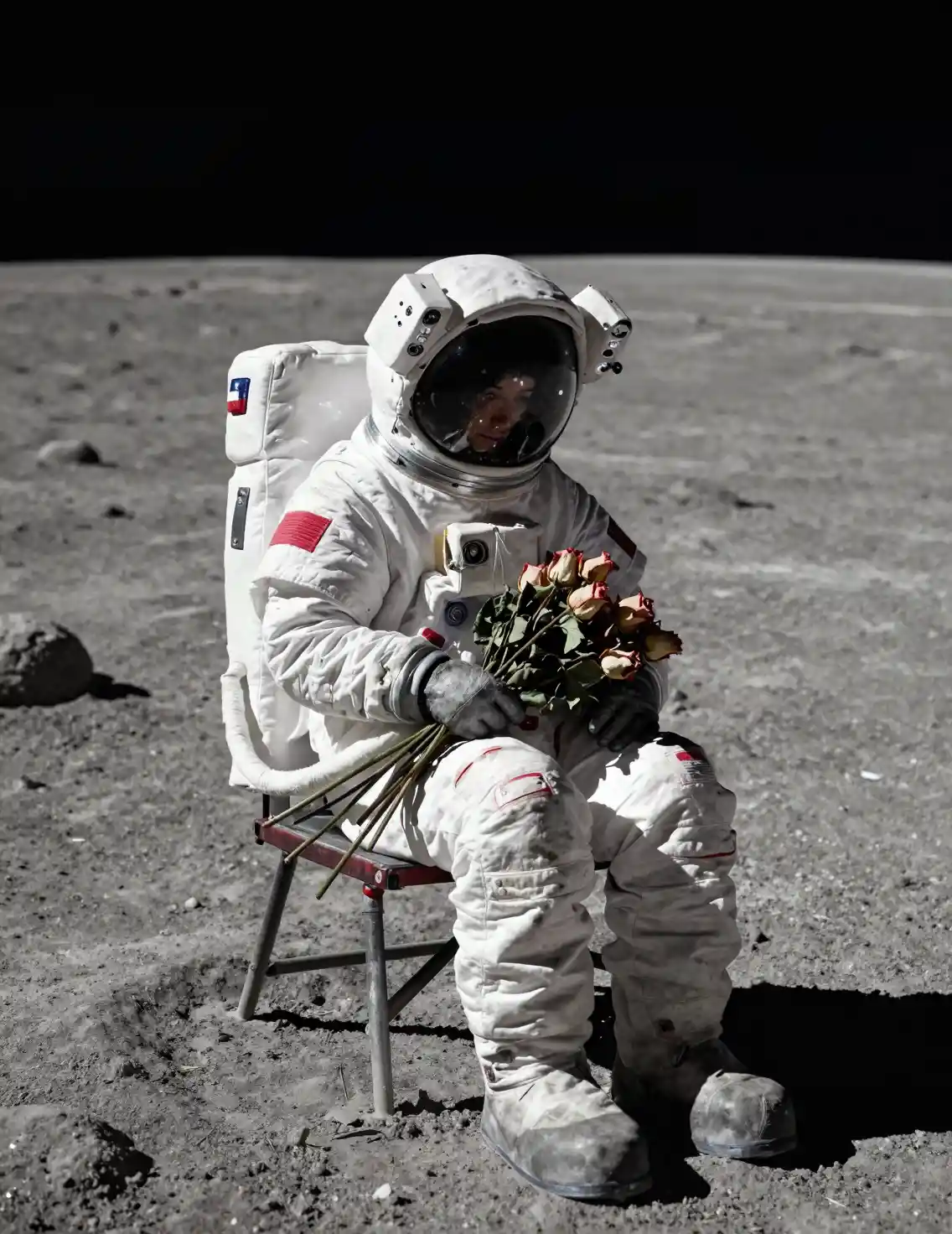Melancholic astronaut with wilted roses on the moon