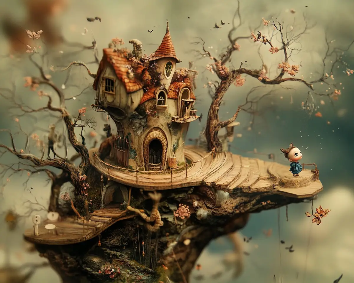 Tiny chibi hero in a whimsical surreal fantasy scene