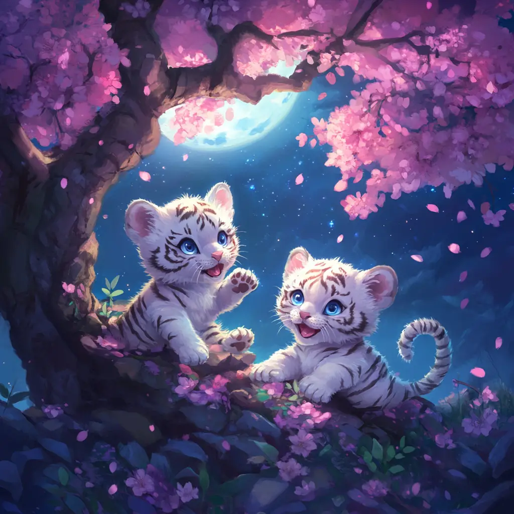 Chibi white tiger cubs playing under a cherry blossom moon