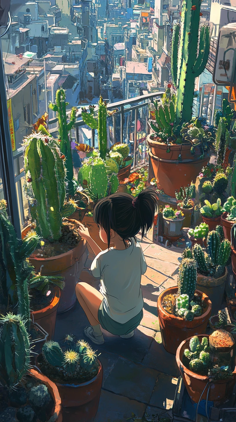 Linda chica con cactus en un balcón soleado al estilo anime