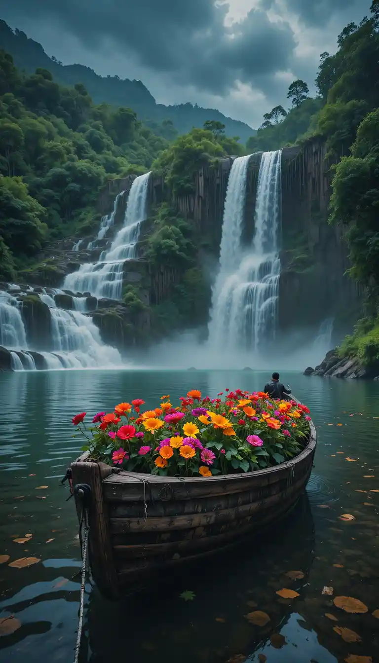 Old Rowing Boat Of Flowers On Calm Reflective Water