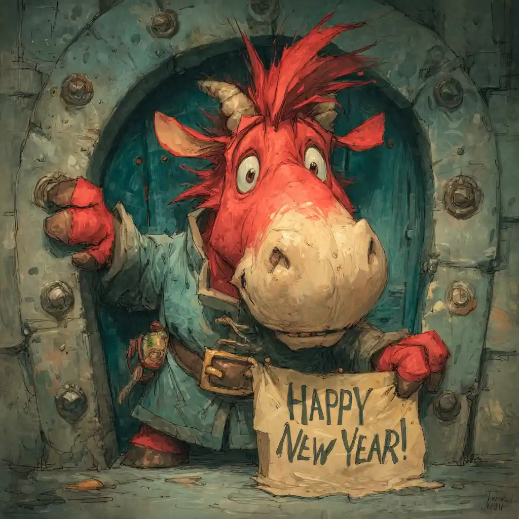 Fröhdes rotes Pferd mit Neujahrsbanner