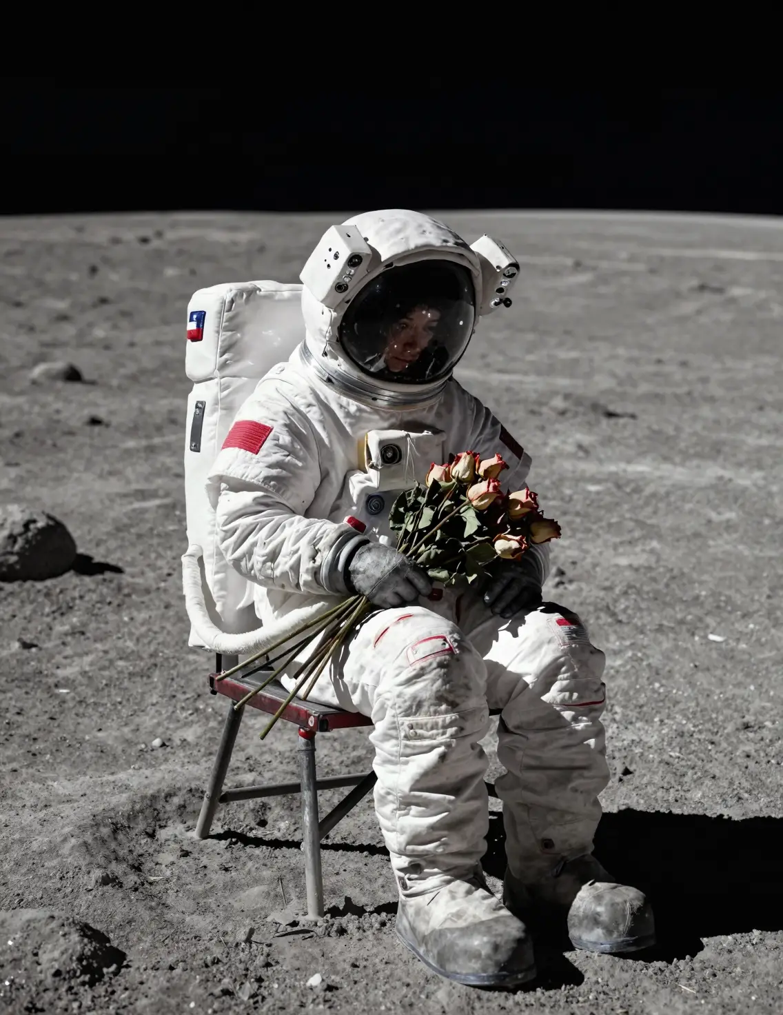 Melancholic astronaut with wilted roses on the moon