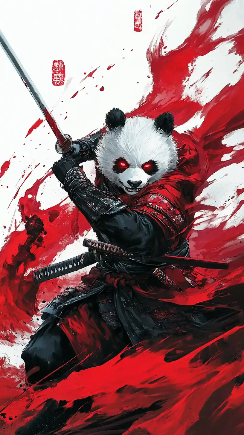 Fierce panda samurai drawing a katana in red smoke