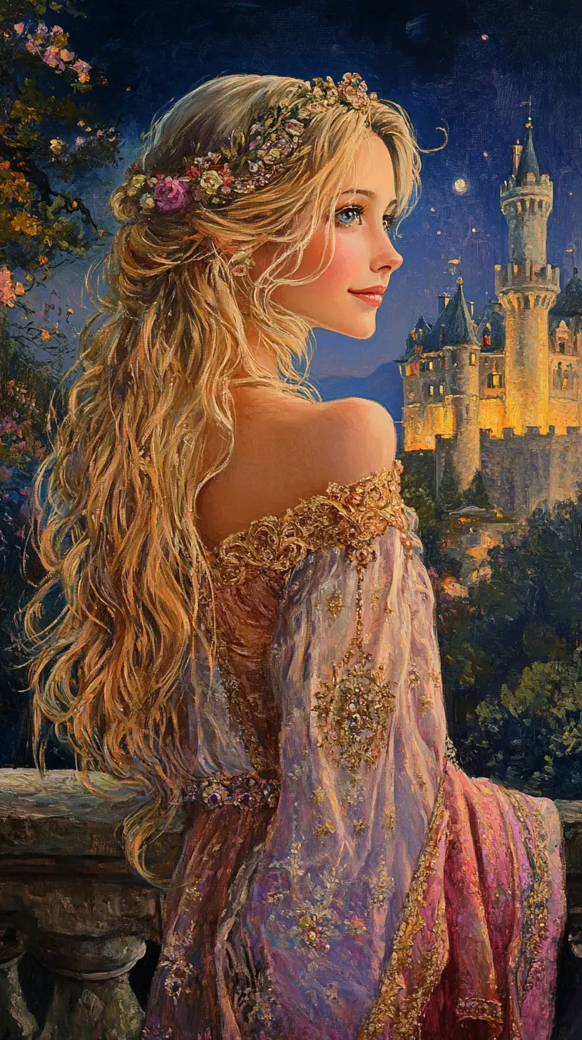 Smiling blonde young woman before Hohenzollern Castle at night