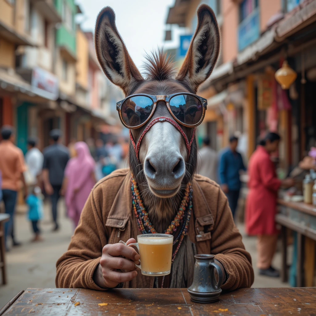 Shocked donkey in sunglasses sipping chai at street stall