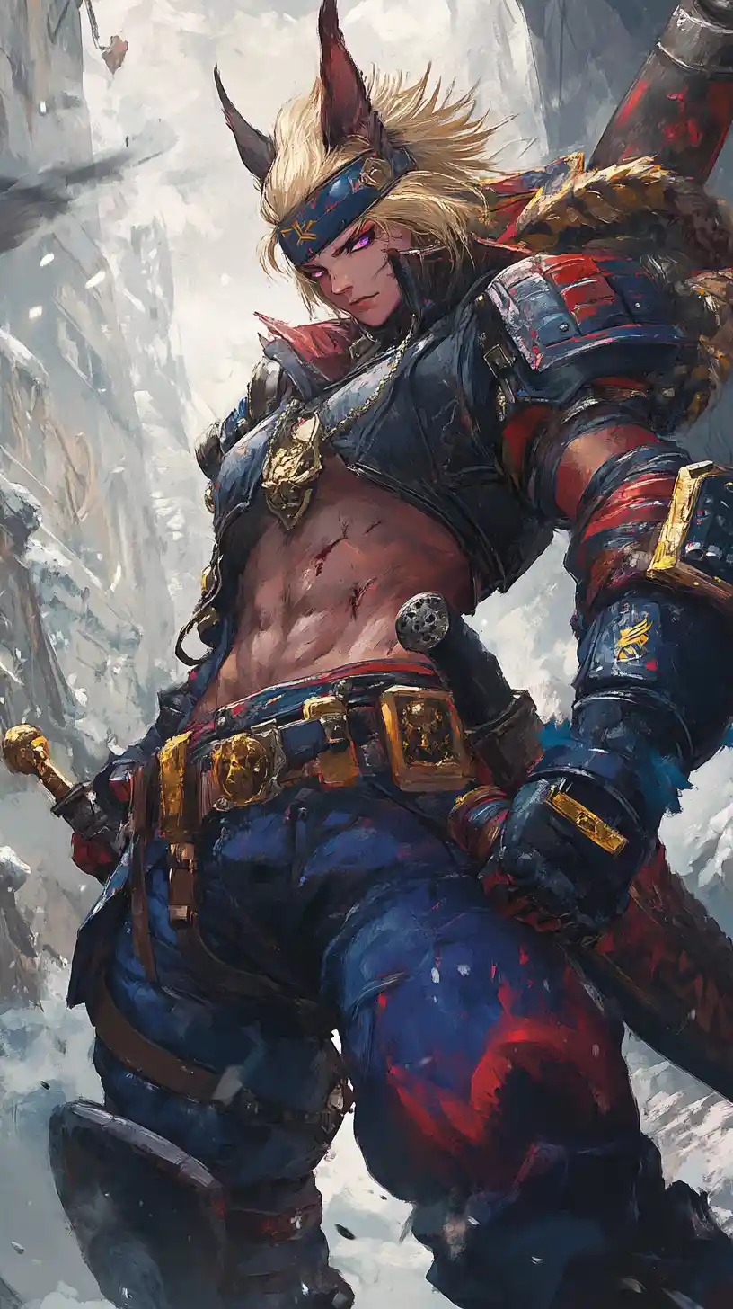 Close up of tattooed anime warrior woman in blue armor
