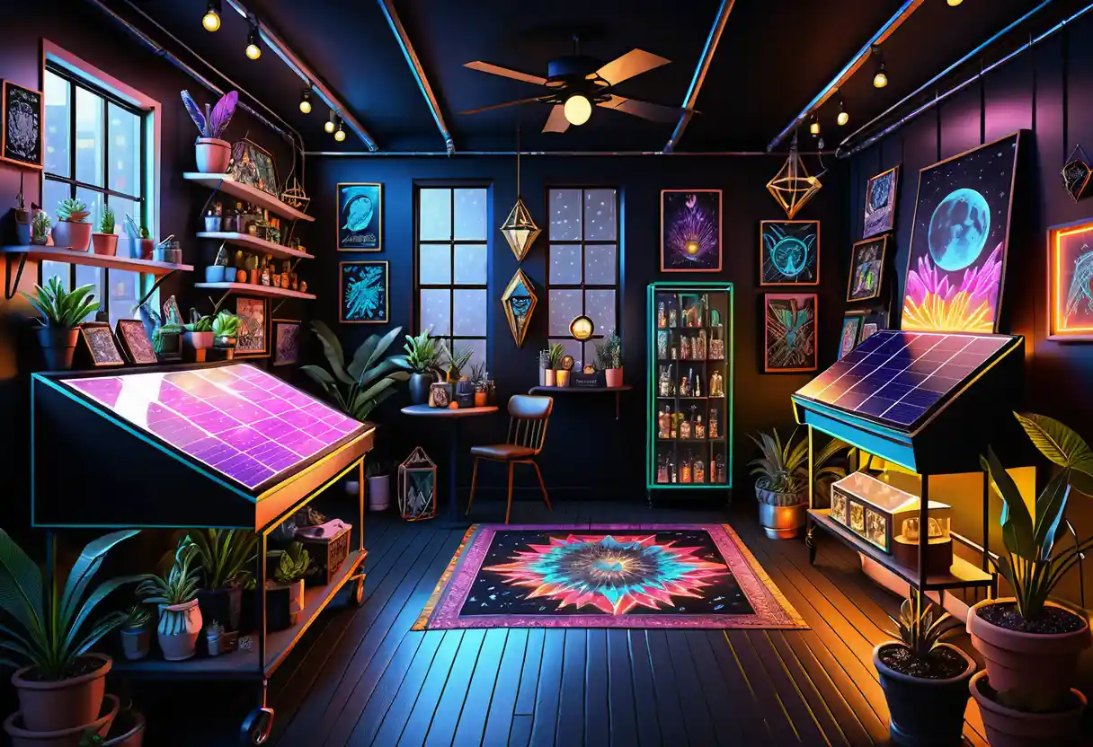 Overhead view of airy loft artist studio interior