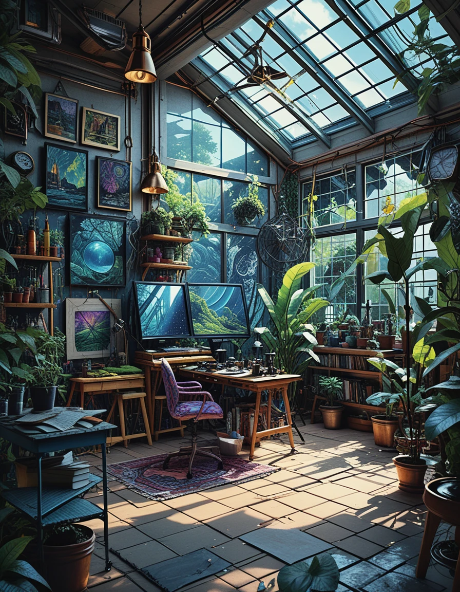 Top down view of airy loft art studio interior