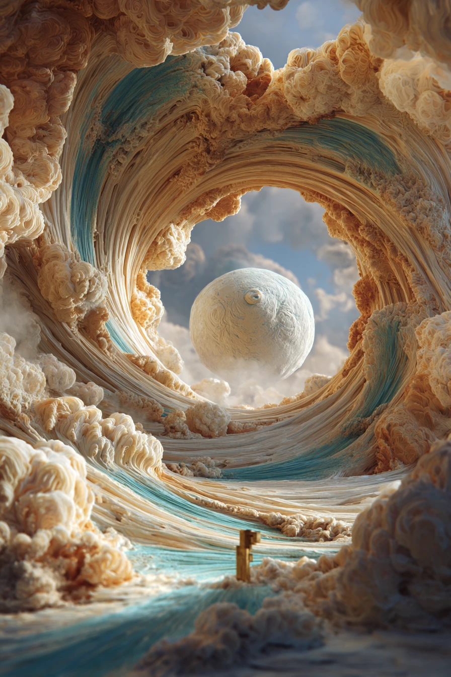 Surreal cosmic portal with floating sphere and key