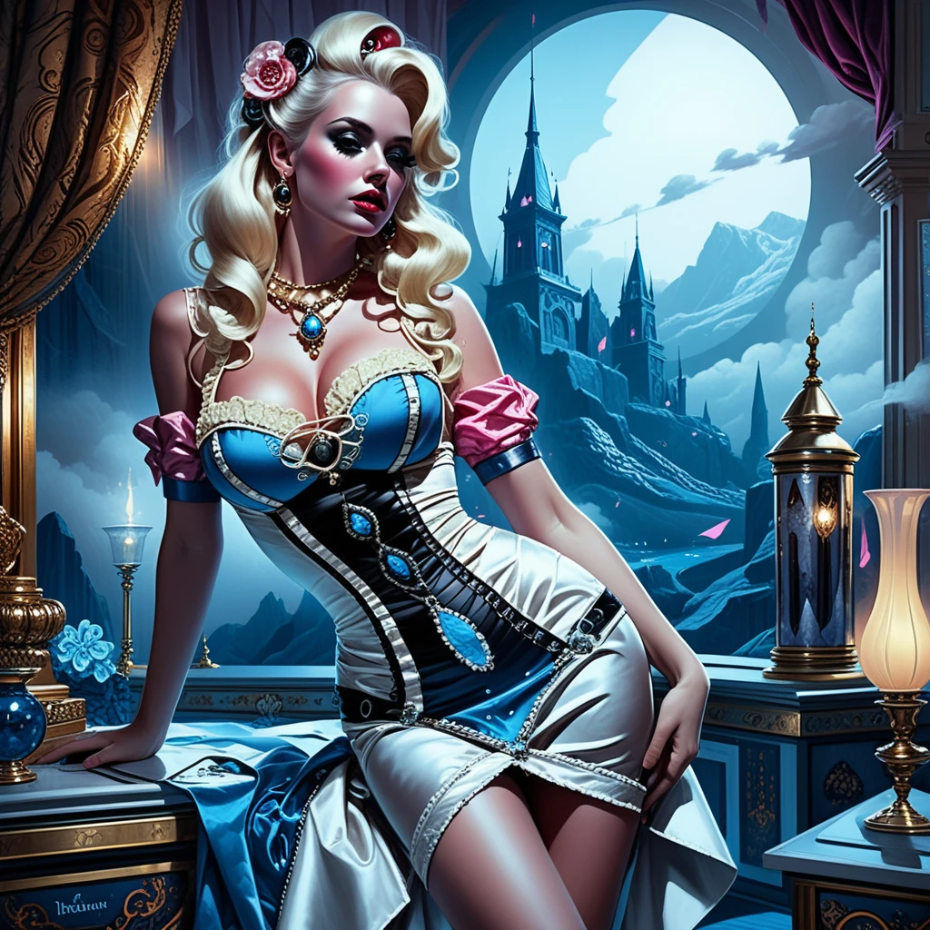 Glamorous goddess figure posing over a mythical cloud city