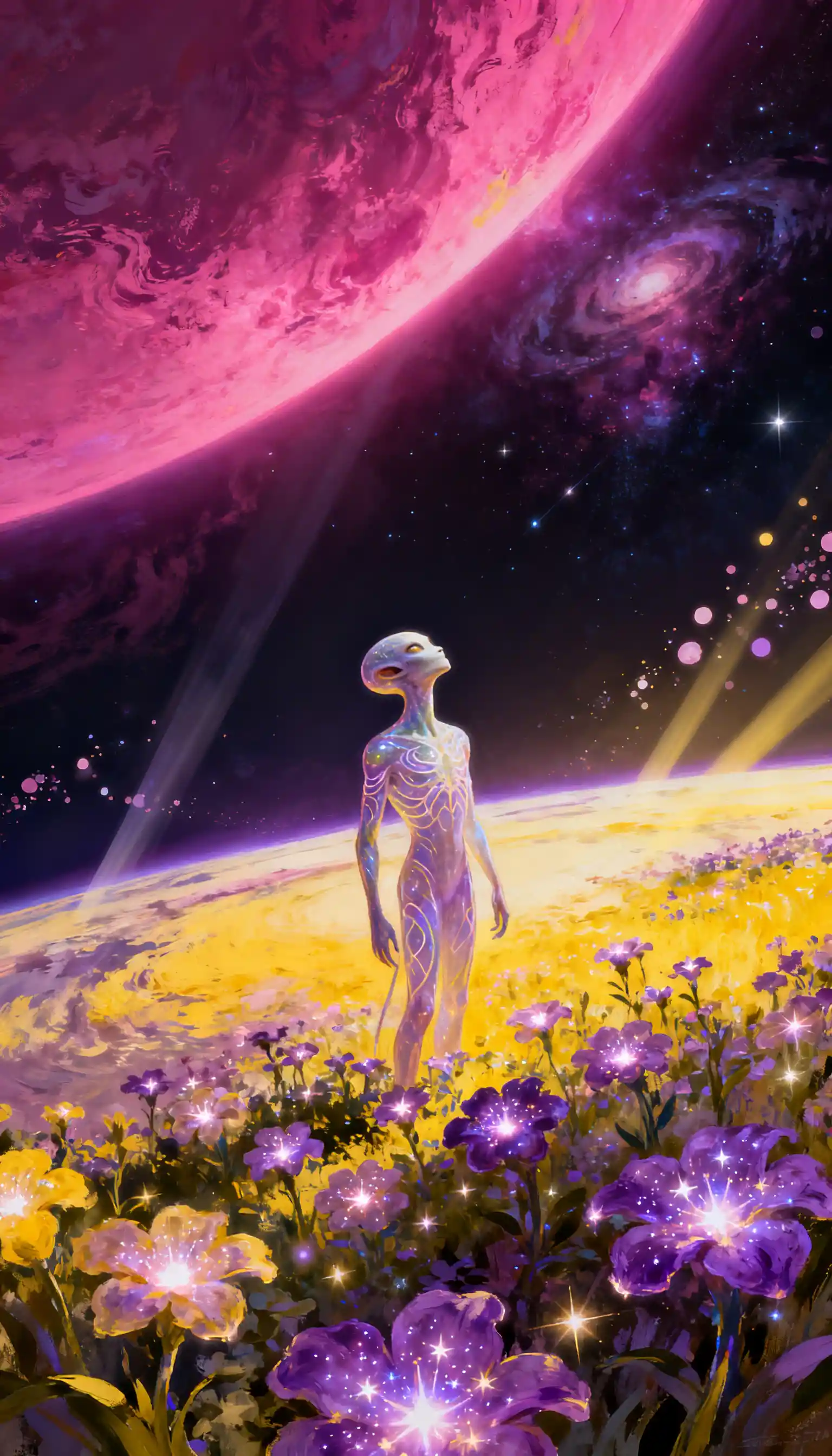 Alien contemplates a glowing celestial garden on distant world