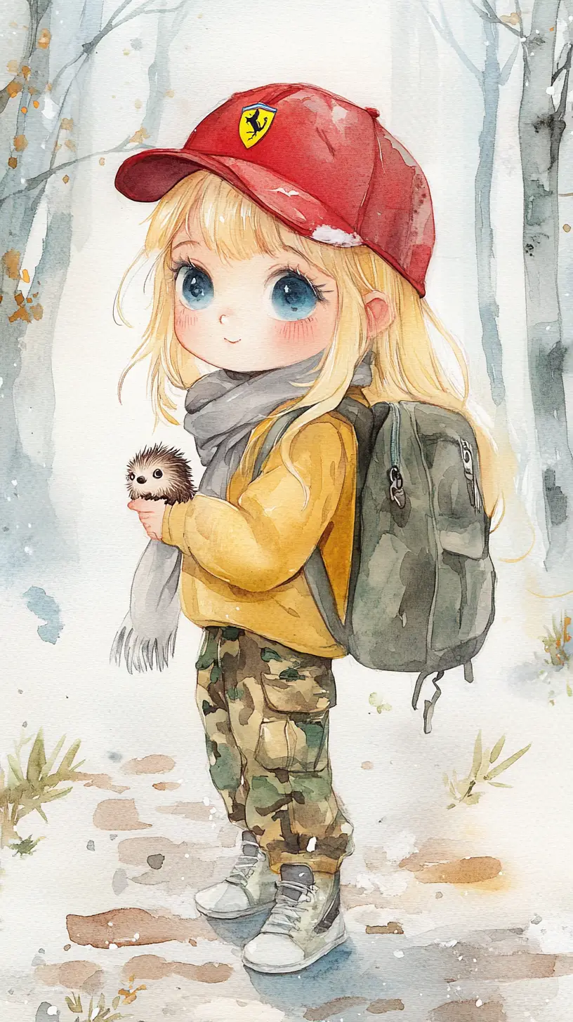 水彩風格的年輕女孩在雪中抱著刺蝟